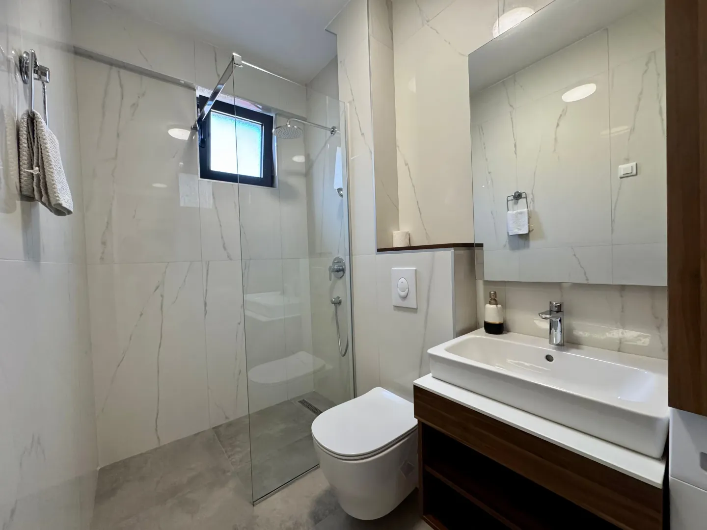 Modern bathroom with a walk-in shower, washbasin, and toilet.