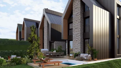Eksterijer modernih vila sa uređenim dvorištem, bazenom i terasom. - image 19