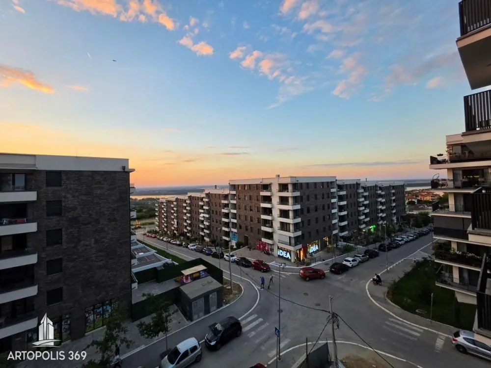 View from the terrace overlooking the neighborhood and sunset.
