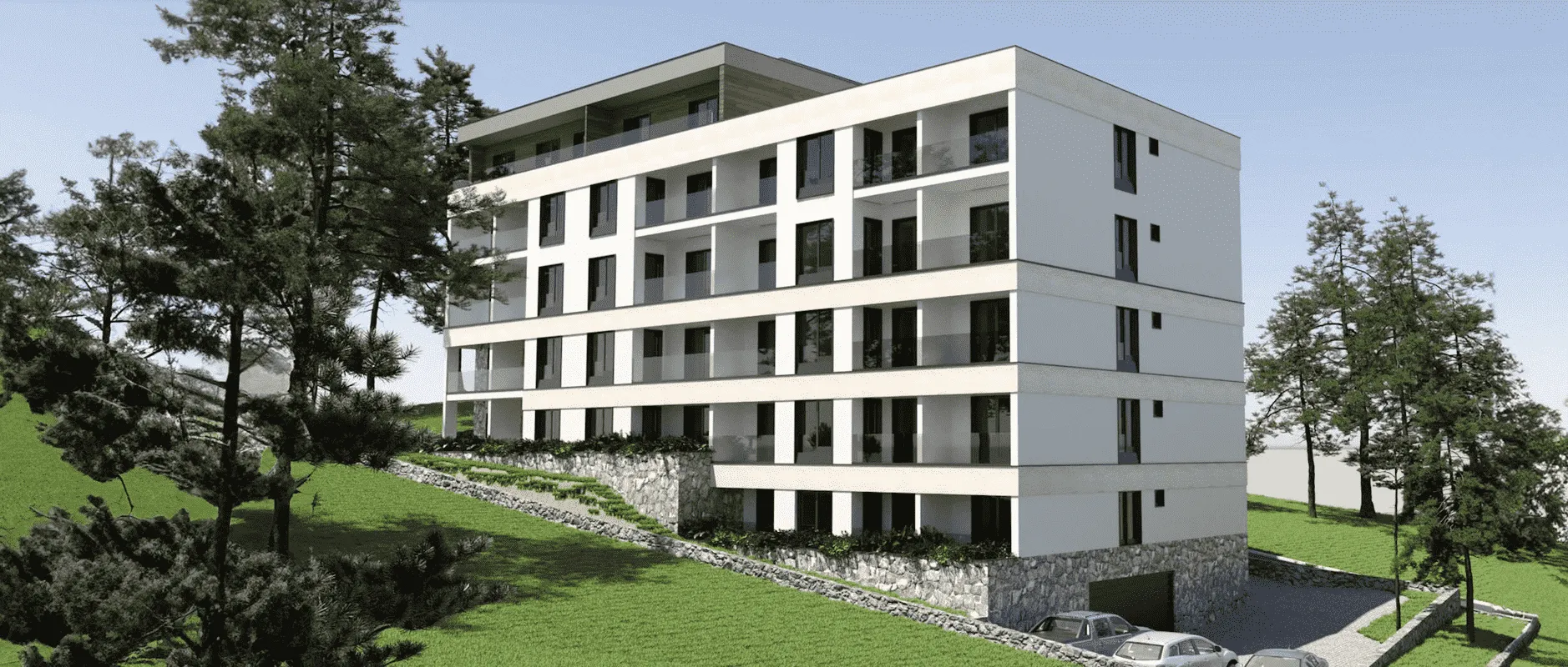 Spoljašnji izgled moderne stambene zgrade okružene zelenilom i drvećem.