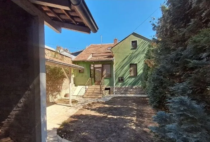 Pogled na dvorište i zadnju fasadu kuće sa zelenom fasadom.