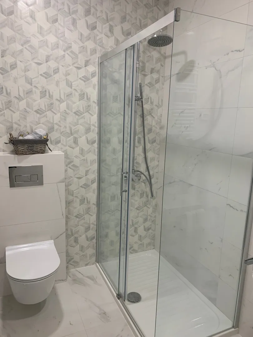 Modern bathroom with a walk-in shower and a wall-mounted toilet.