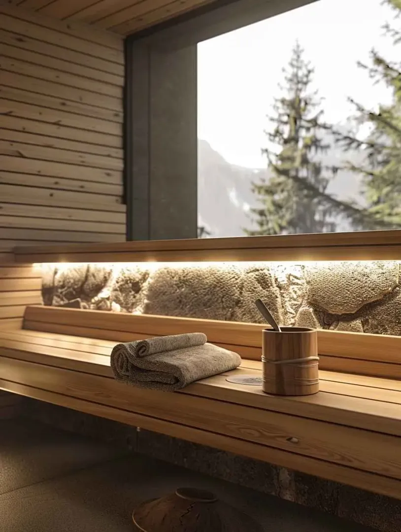 Sauna sa drvenim klupama, osvjetljenjem i velikim prozorom sa pogledom na prirodu.