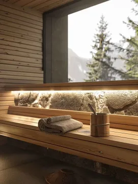 Sauna sa drvenim klupama, osvjetljenjem i velikim prozorom sa pogledom na prirodu. - image 21