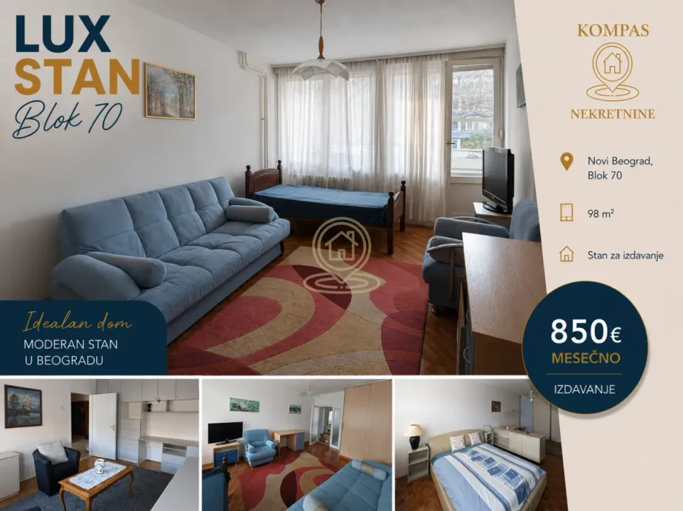 Izdavanje, trosoban stan, 98m², Novi Beograd Blok 70, Novi Beograd Sve Podlokacije