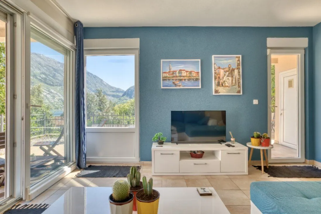 Living room with a blue wall, TV unit, and access to the terrace.