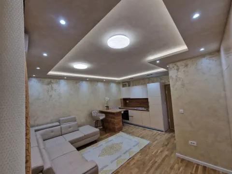 Dnevni boravak sa ugaonom garniturom i ugradnom kuhinjom u pozadini. - image 3