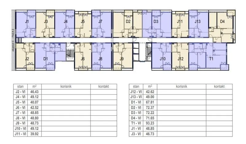 Floor plan of the building showing apartment layouts and a table of areas.