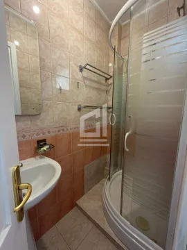 Small bathroom with a shower cabin, washbasin, and mirror. - image 14