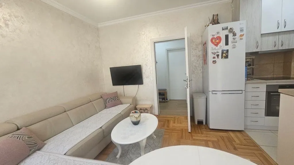 Dnevni boravak sa garniturom i televizorom, povezan sa kuhinjom.