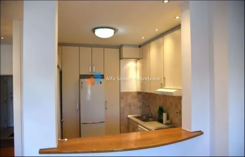 Small kitchen with light cabinets and a built-in refrigerator, viewed across a wooden bar counter. - image 8