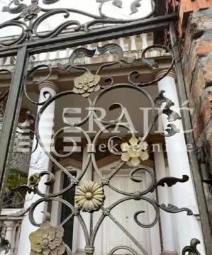 Decorative wrought iron fence in front of a house entrance with columns. - image 10