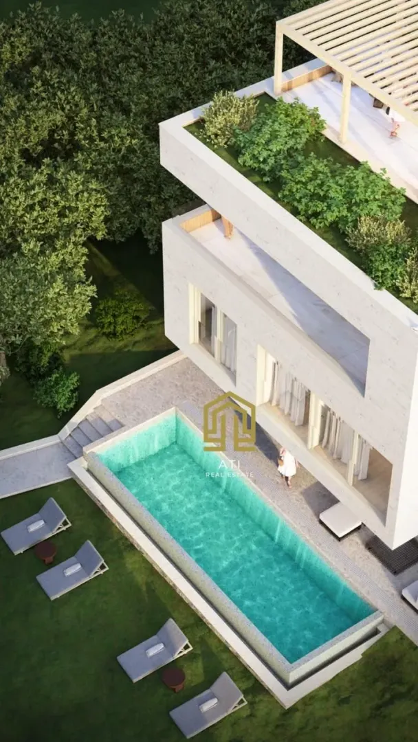 Top view of a villa with a swimming pool and landscaped yard.