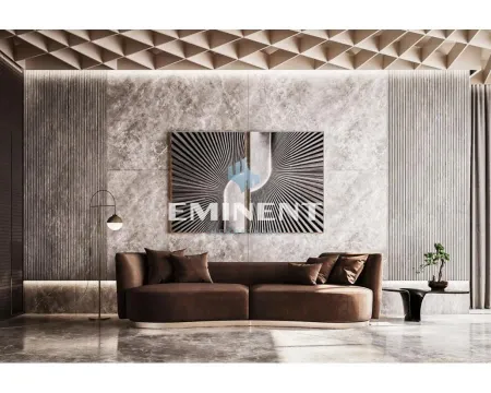 Modern living room with a brown sofa and decorative wall panels. - image 9