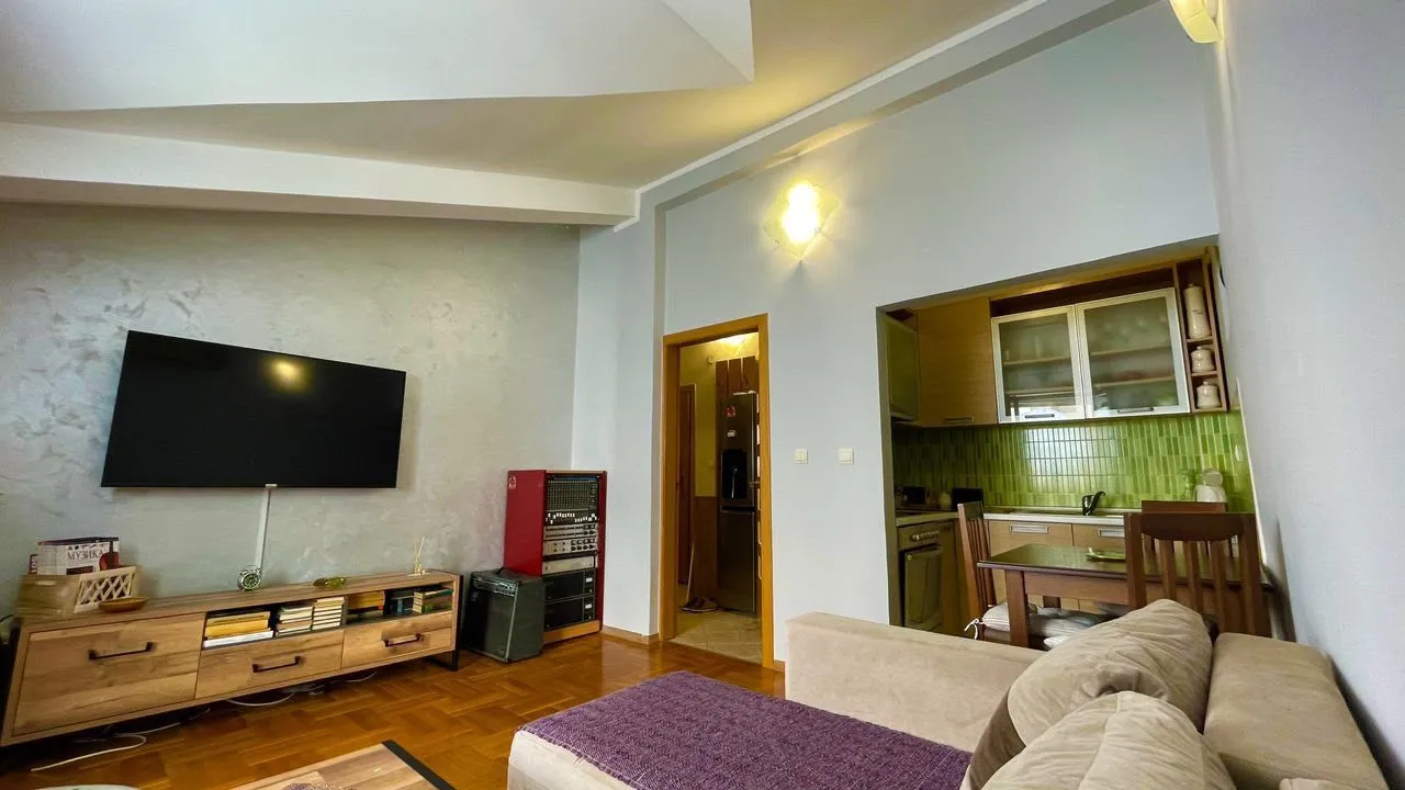 Living room with sofa, TV, and a view of the kitchen.