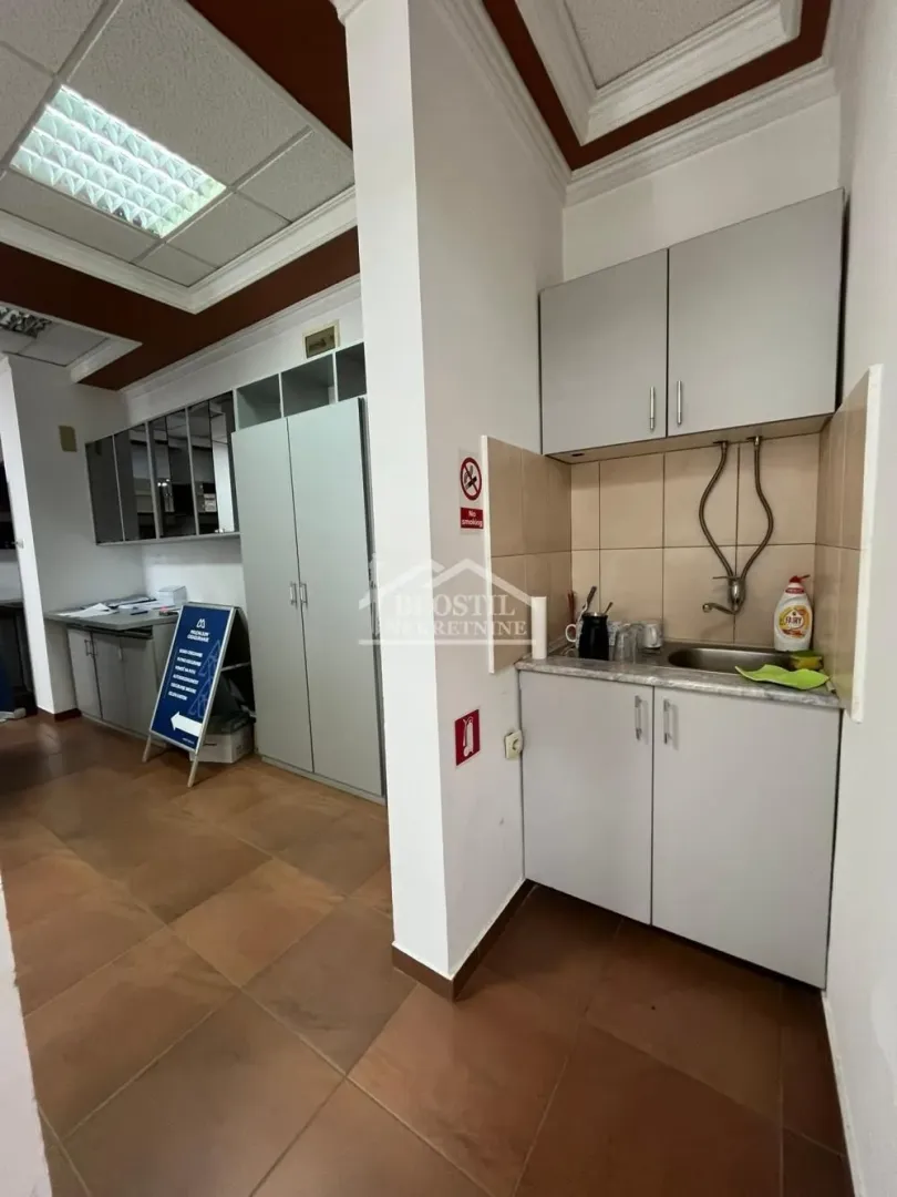 Small kitchenette within the office space.