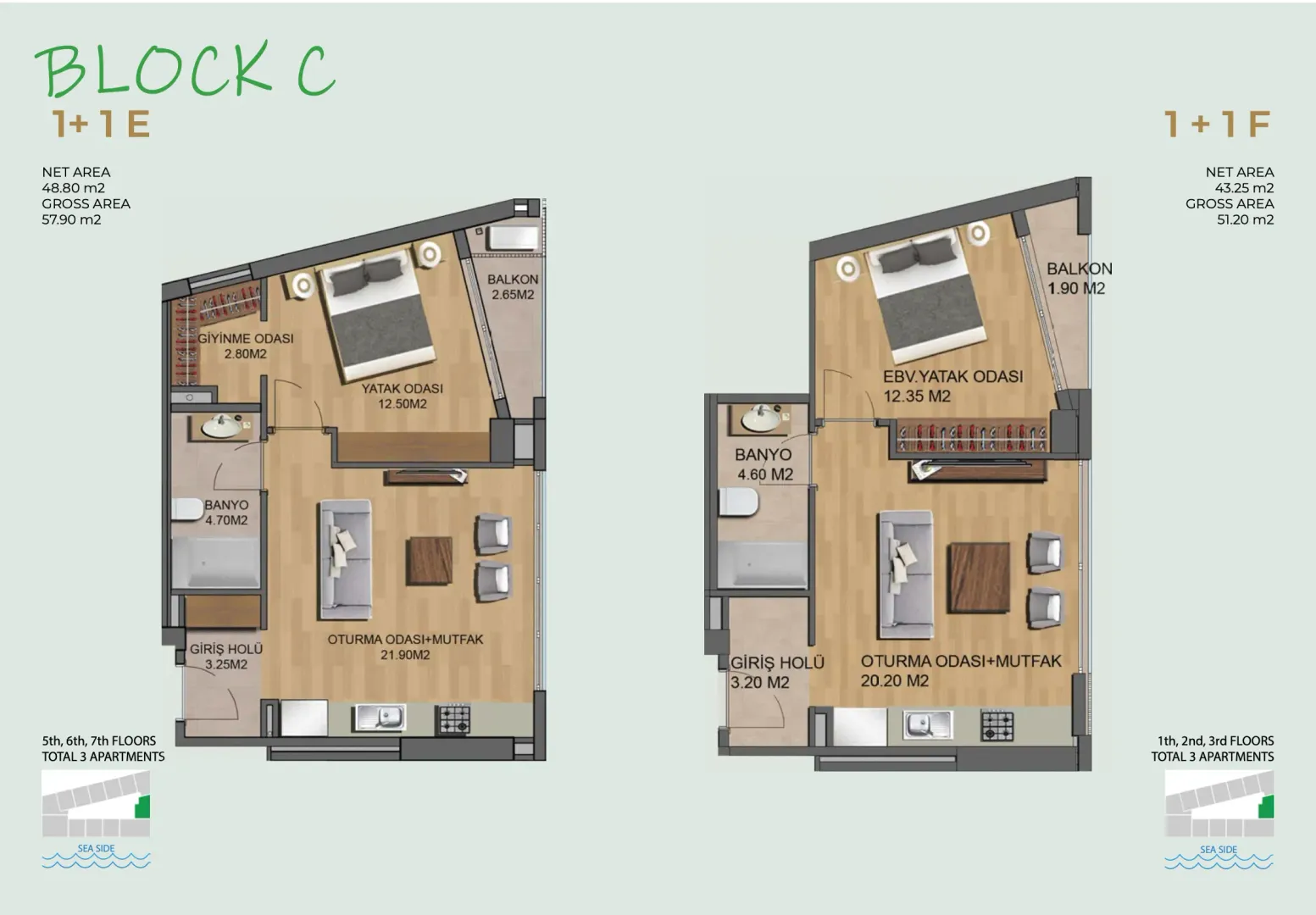 Architectural floor plan of apartments with room layouts and areas.