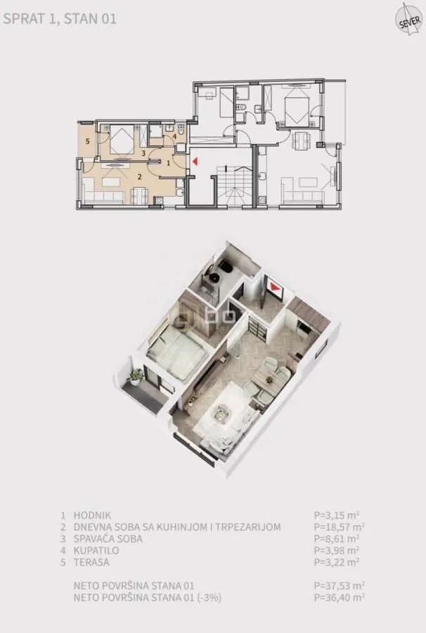 Sale, one bedroom apartment, 37m², Pantelej, Niš
