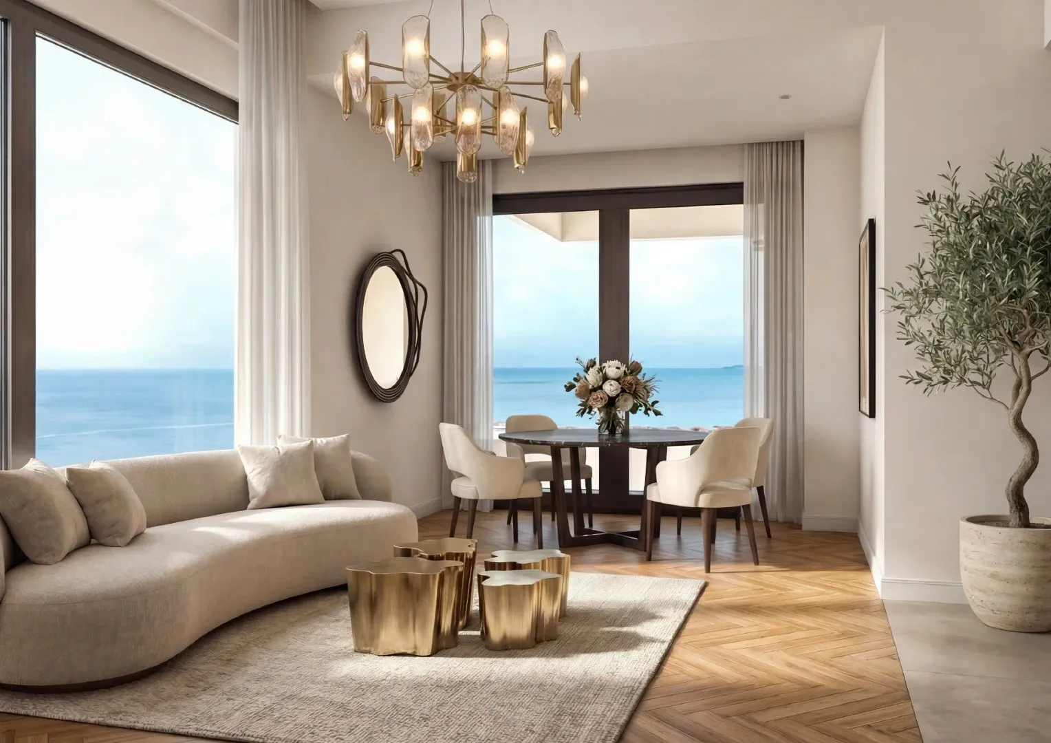 Modern living room with dining area and sea view.