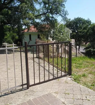 Yard with a gate and a view of the house surrounded by greenery. - image 28
