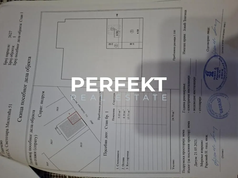 Arhitektonski nacrt i skica posebnog dela objekta sa dimenzijama prostorija.