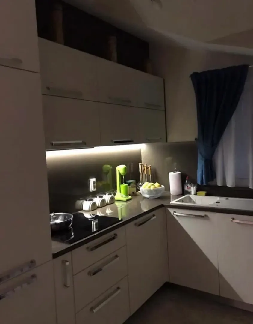 Kitchen equipped with cabinetry and a countertop in the corner of the room.