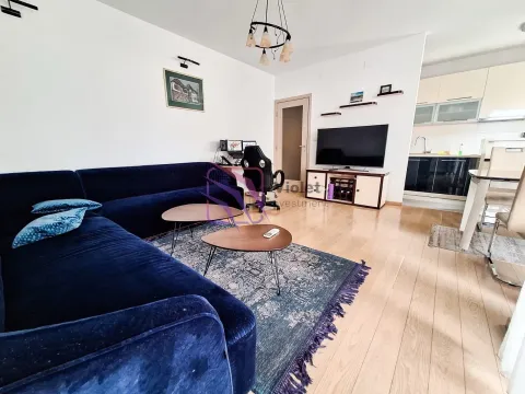 Prostrani dnevni boravak sa plavom garniturom, TV-om i trpezarijom u pozadini. - image 6