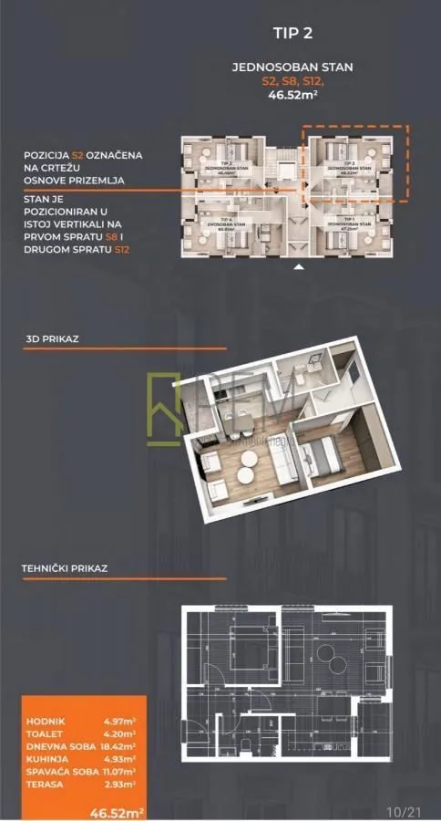 Prodaja, jednosoban stan, 46m², Stari Aerodrom, Podgorica