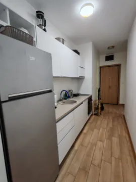 Small white kitchen with a refrigerator and wooden flooring. - image 9