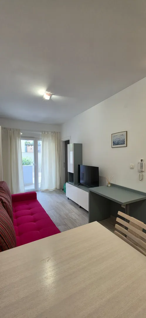 Dnevni boravak sa garniturom, TV-om i izlazom na terasu.