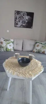 Living room with a gray sofa, coffee table, and decorative pillows. - image 14