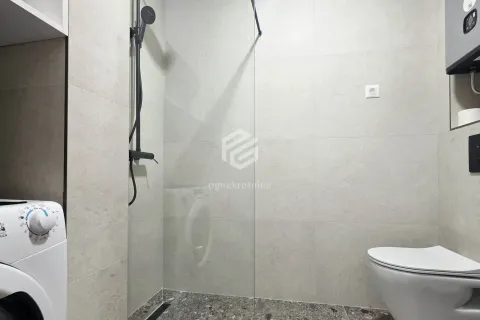 Modern bathroom equipped with a walk-in shower and a washing machine. - image 10