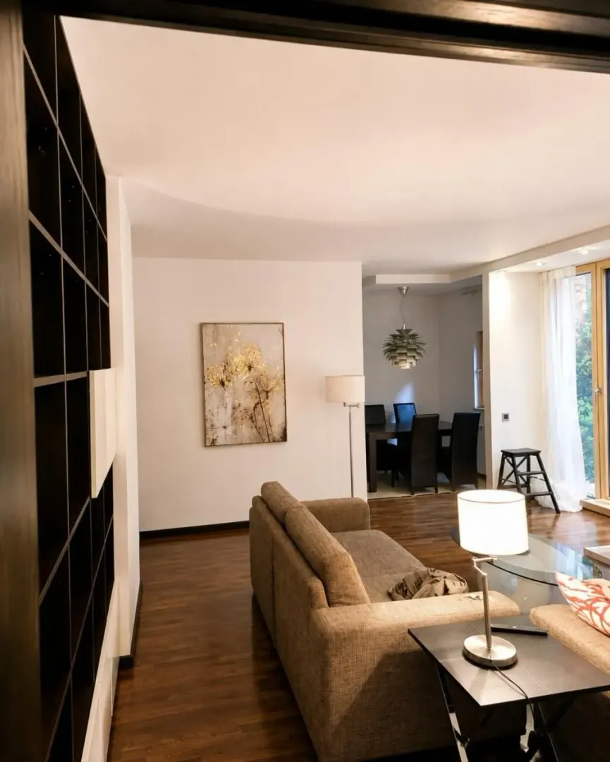 Living room with sofa, shelving unit, and view of the dining area.
