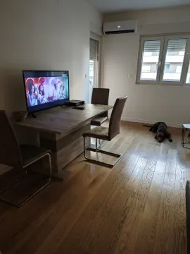 Dnevna soba sa drvenim stolom, televizorom i klima uređajem. - image 7