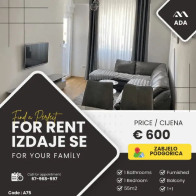 Izdavanje, jednosoban stan, 55m², Zabjelo, Podgorica