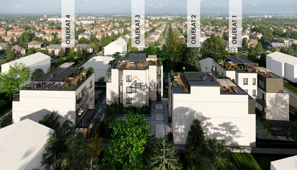 3D render stambenog kompleksa sa više objekata i uređenim dvorištem.