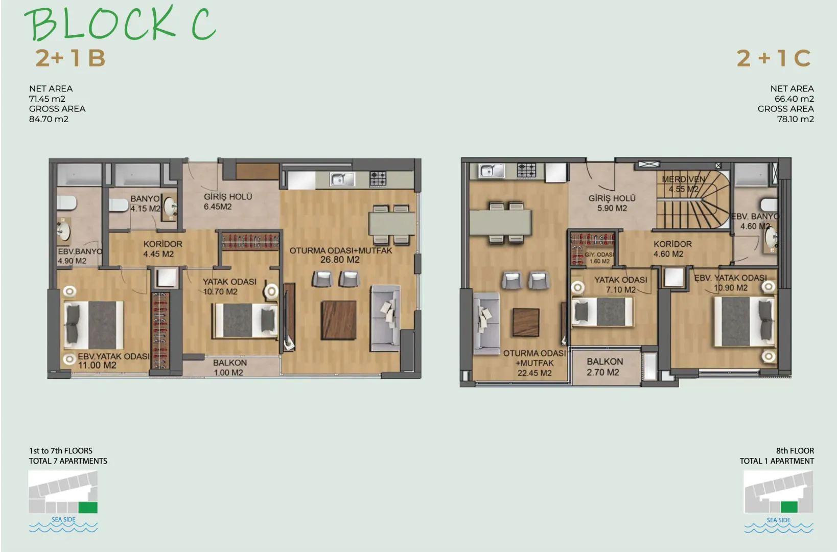 Architectural floor plan of two apartments with room layouts and areas.