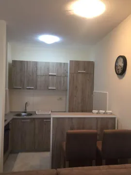 Manja kuhinja sa drvenim elementima i šankom sa stolicama. - image 2