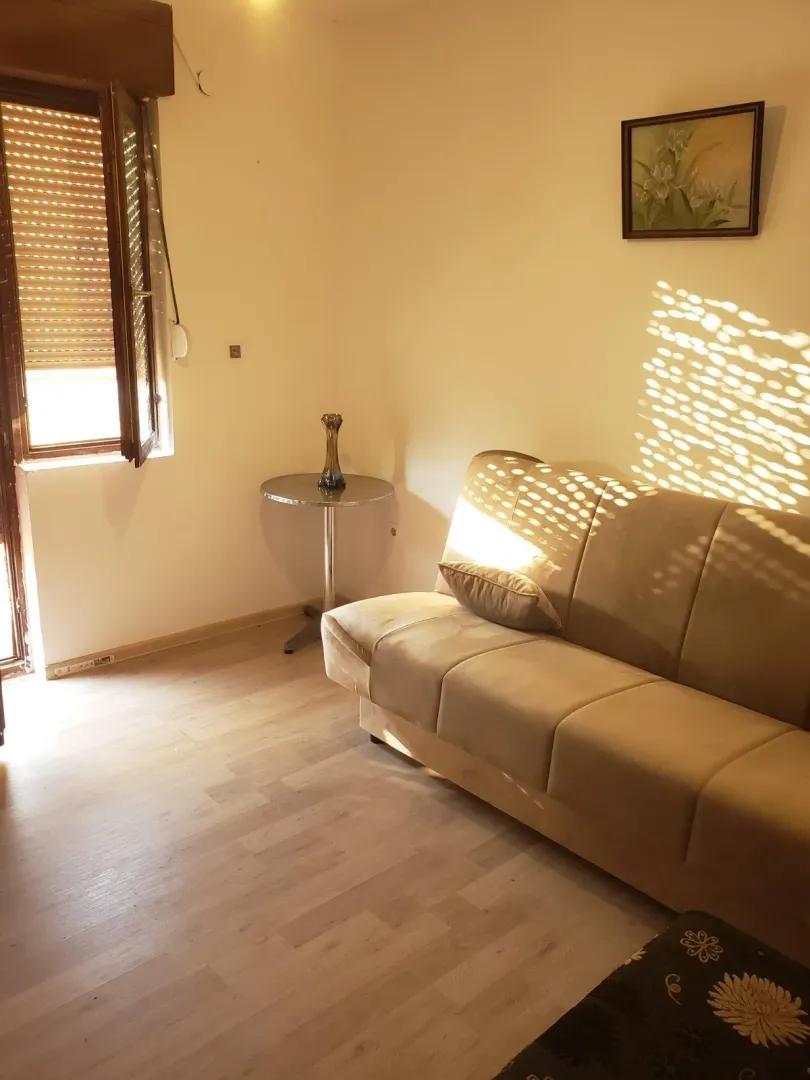 Bright living room with a comfortable sofa next to the window.