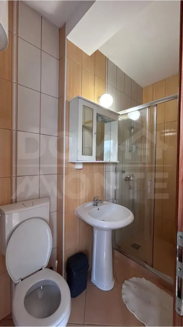 Manje kupatilo sa tuš-kabinom, umivaonikom i wc šoljom.