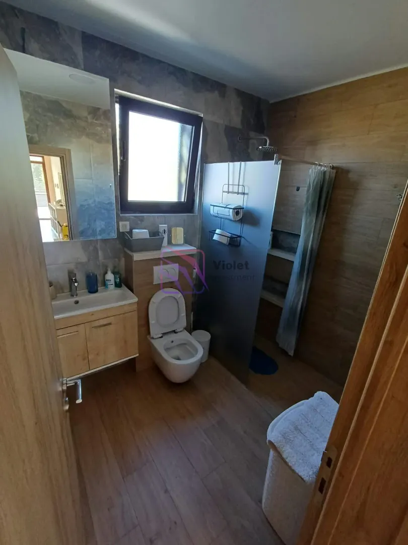 Modern bathroom equipped with a walk-in shower, washbasin, and toilet.