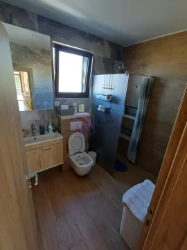 Modern bathroom equipped with a walk-in shower, washbasin, and toilet. - image 19