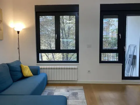 Living room with a blue sofa, a rug, and large windows overlooking greenery. - image 10