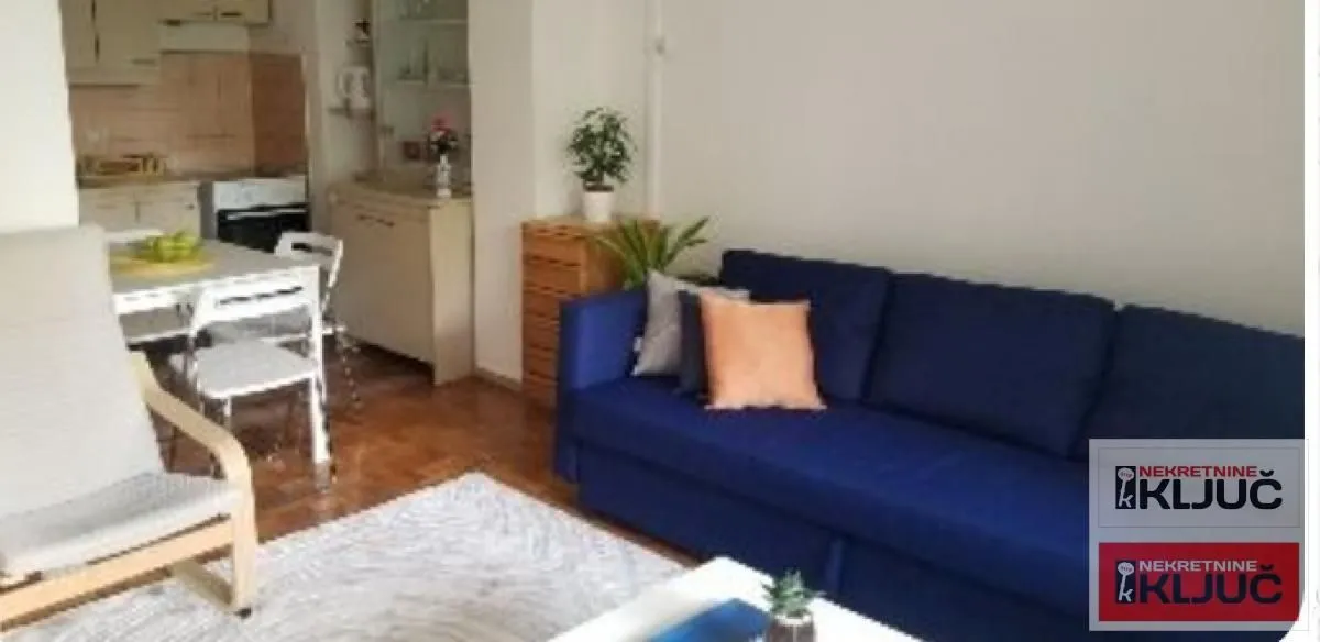 Dnevna soba sa plavom garniturom i trpezarijom u nastavku.