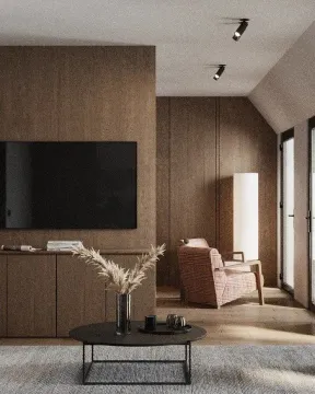Moderan enterijer dnevne sobe sa drvenim zidnim oblogama i foteljom. - image 6