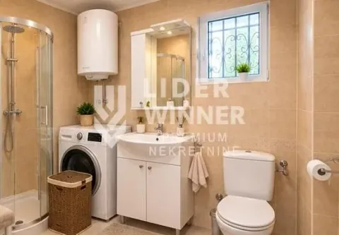 Bathroom equipped with a shower cabin, washbasin, toilet, and washing machine. - image 11