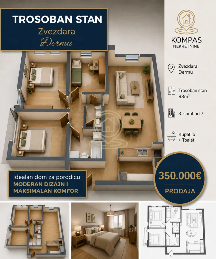 Sale, four bedroom apartment, 88m², Đeram Pijaca, Beograd