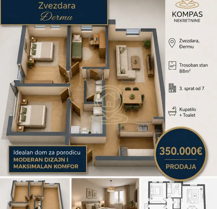 Sale, four bedroom apartment, 88m², Đeram Pijaca, Beograd