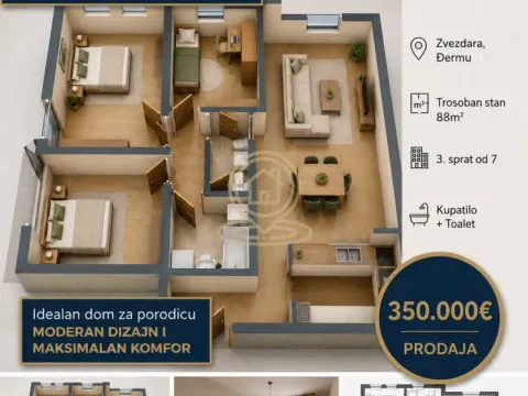 Sale, four bedroom apartment, 88m², Đeram Pijaca, Beograd - image 1