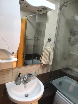 Bathroom with a sink, mirror, and shower cabin. - image 6